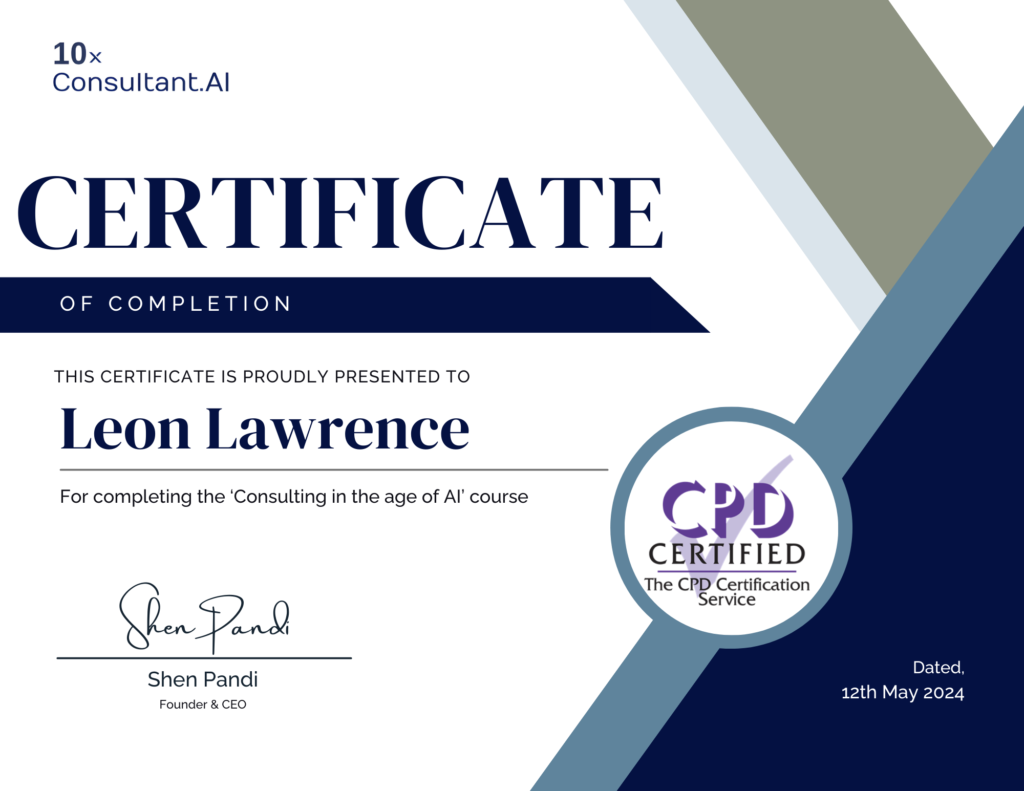 Artificial intelligence course certificate by 10x Consultant.