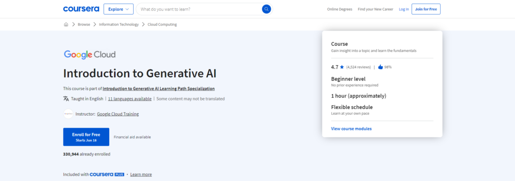 Introduction to Generative AI by Google cloud via Coursera.